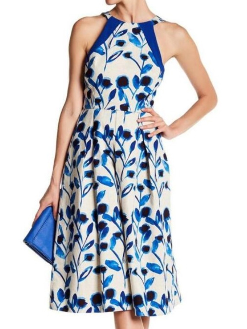Eva Franco Women 4 Natural Blue Floral Cotton Linen Jenna Printed Midi Dress